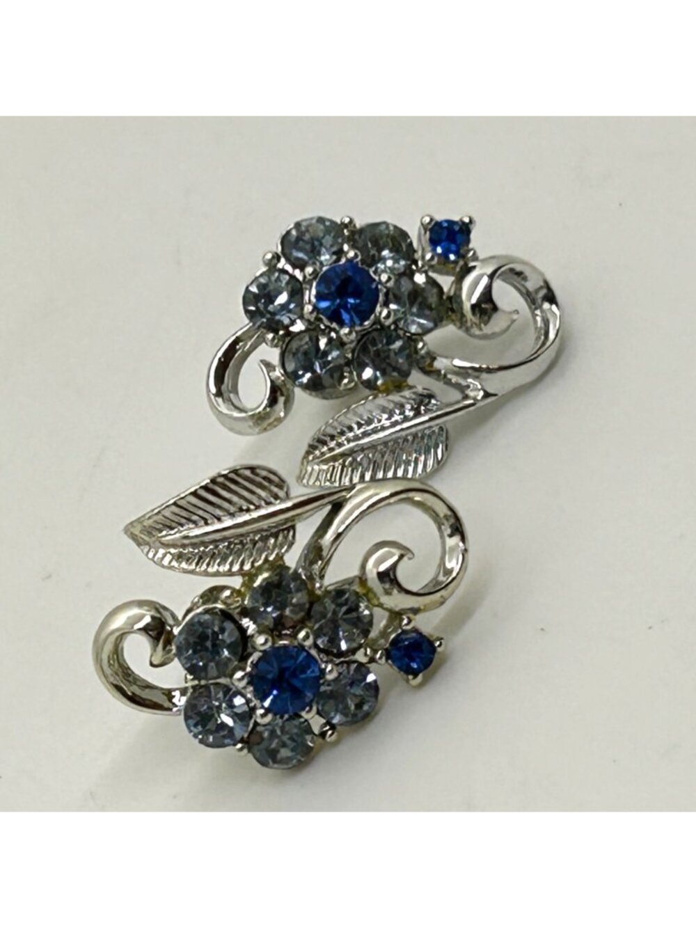 Vintage Silver Tone Earrings Blue Rhinestone Clip on Flower Bridal Prom Formal